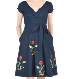 Eshakti Embroidered Poppies Navy Blue Dress